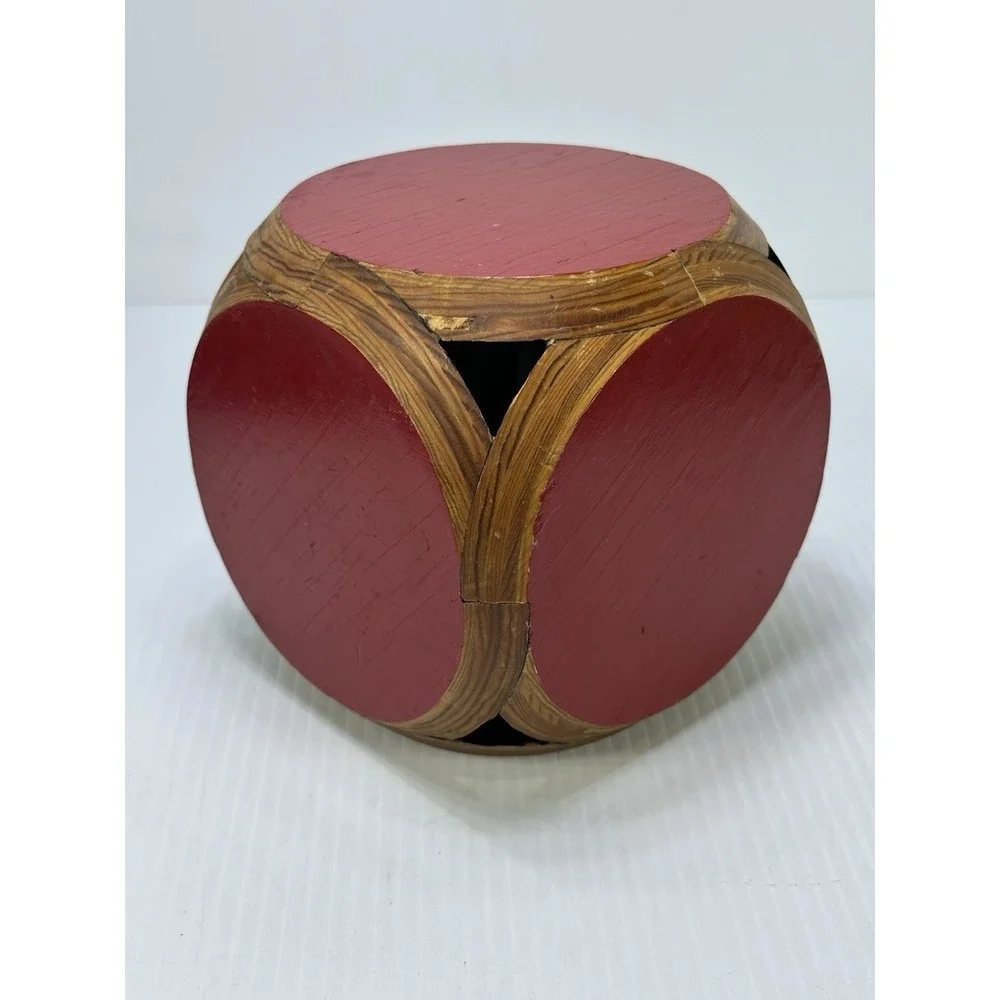 Vintage Handmade Red Wood Display Cube Made Of Circles Stand Riser 6